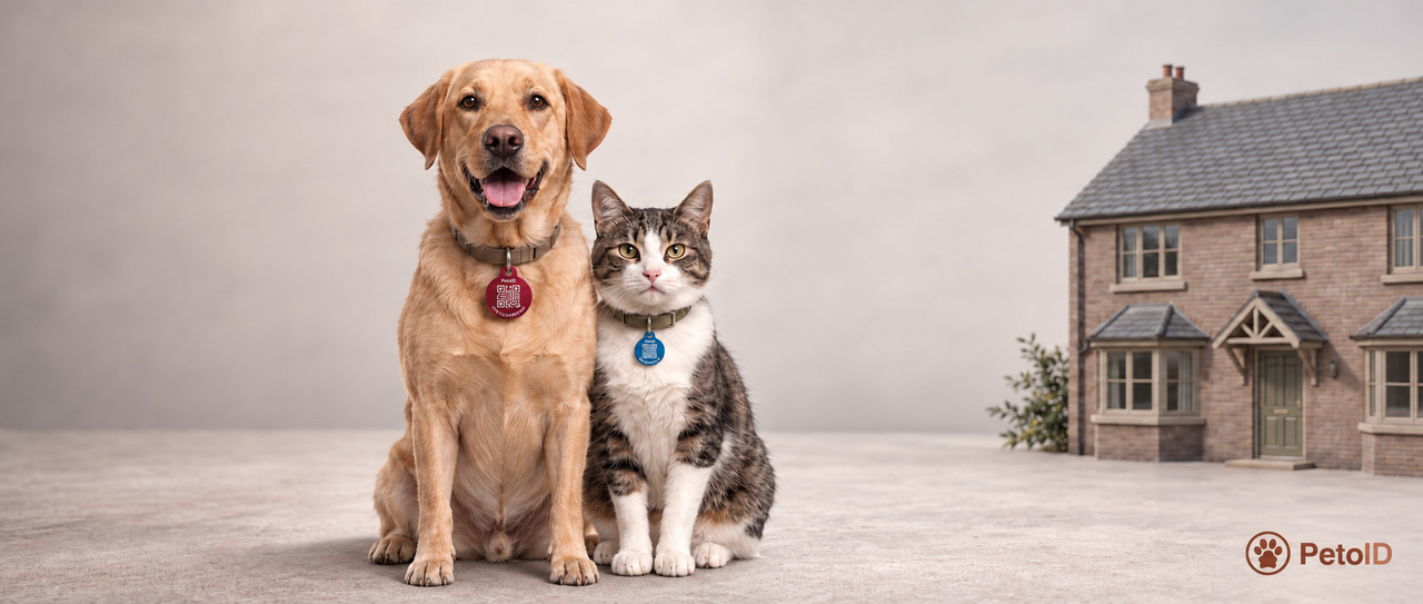 A happy dog and cat, each wearing a PetoID tag