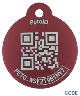 A PetoID tag showing the QR code and short code